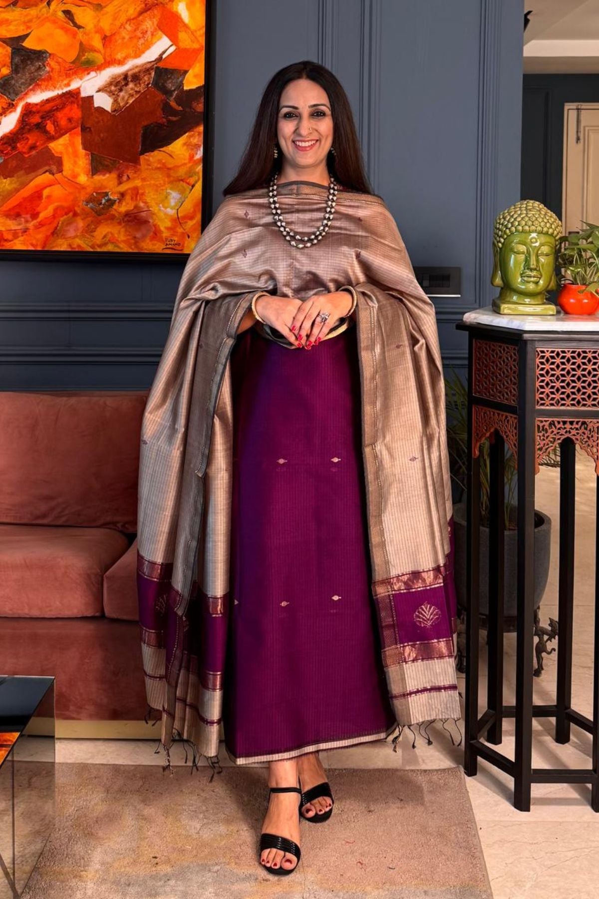 Handwoven Maheshwari silk kurta dupatta set